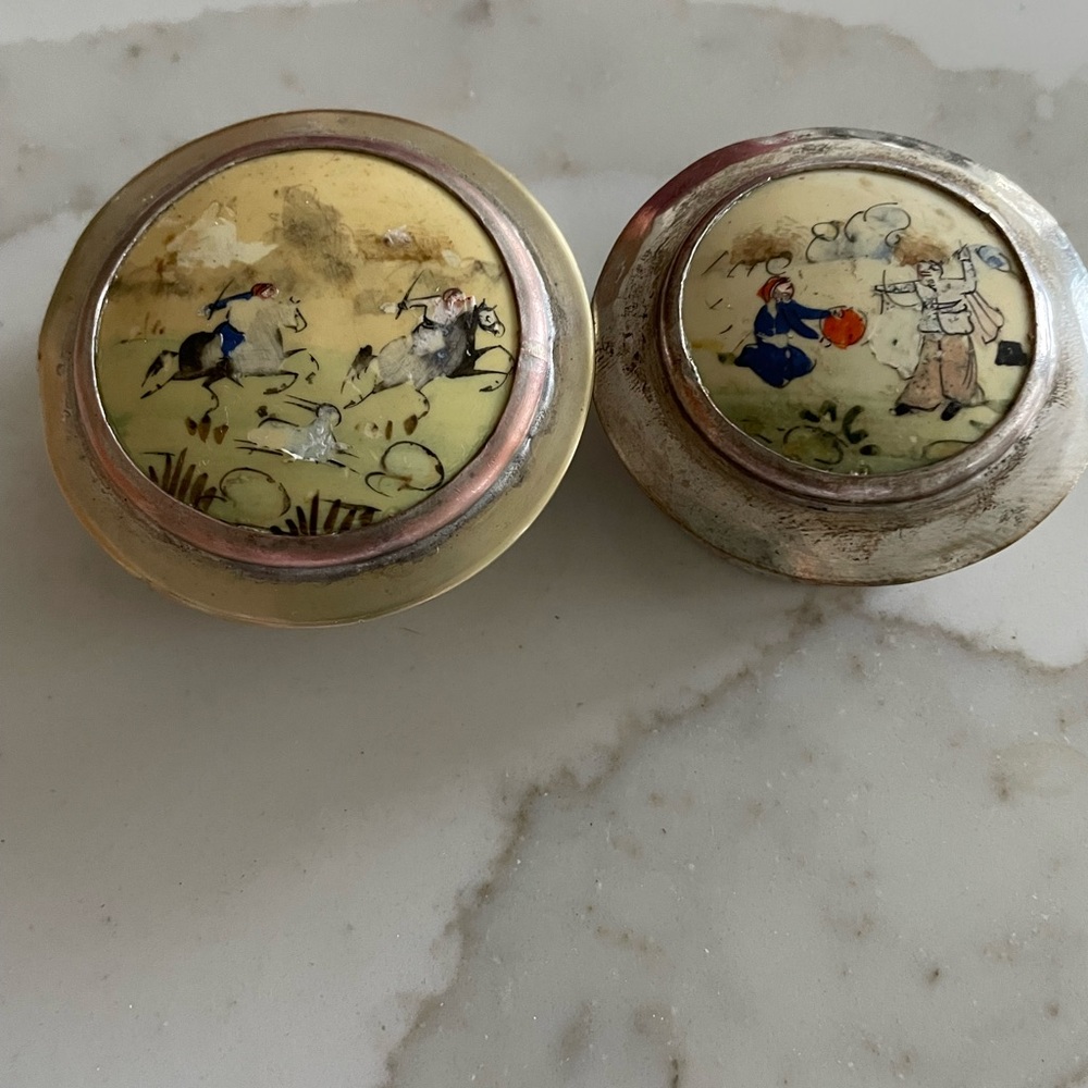 pair of Antique Handpainted Mother of Pearl Hunting Tiny boxes